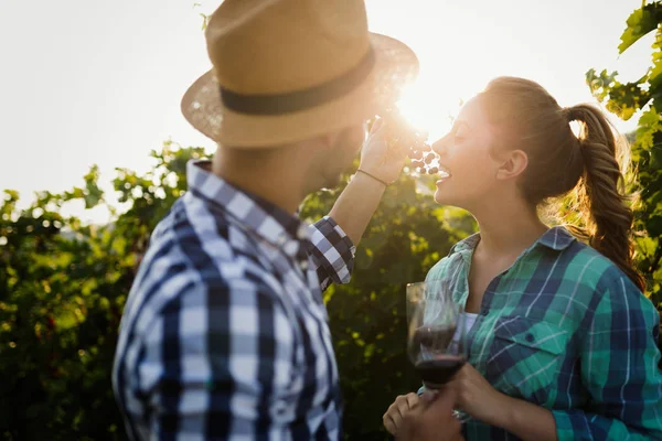 Женщина дегустирует вино в винограднике — стоковое фото