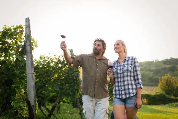 Gente degustando vino en viñedo — Foto de Stock