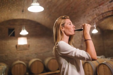 Güzel kadın oenolog şarap tadıyor.