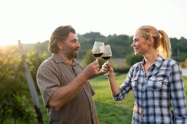Folk provsmakar vin i vingården — Stockfoto