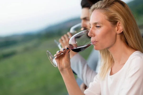 Gente degustando vino en viñedo —  Fotos de Stock