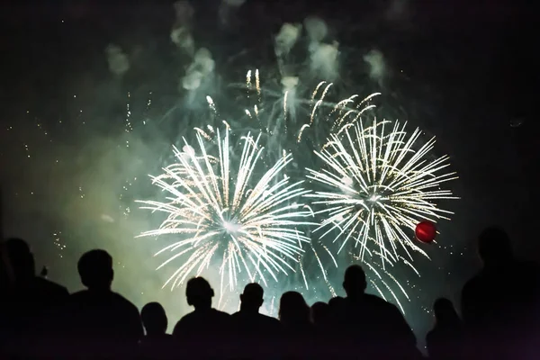 Foule regardant des feux d'artifice — Photo