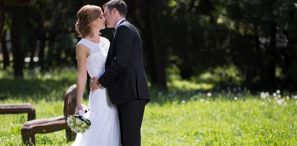 Mooie bruid en bruidegom buitenshuis — Stockfoto