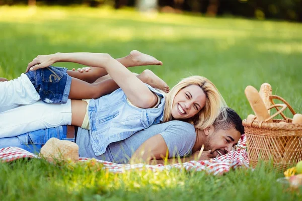 Семья весело проводит время на пикнике — стоковое фото