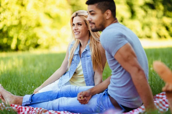 自然の中でピクニックを持つ幸せな愛情のあるカップルの肖像画 — ストック写真