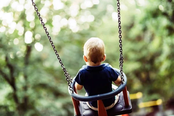 Niño Juguetón Columpio Aire Libre Disparado Por Detrás — Foto de Stock