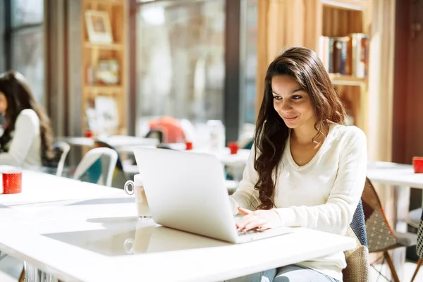 Hermosa morena usando notebook — Foto de Stock