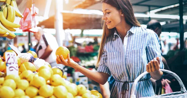 Frau kauft Früchte ein — Stockfoto