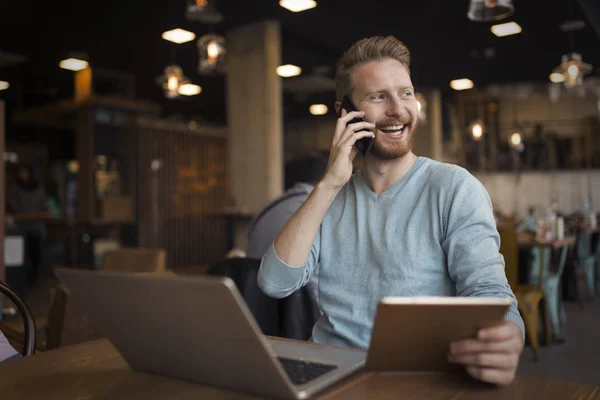 Man having phone call in cafe — Stock Photo, Image