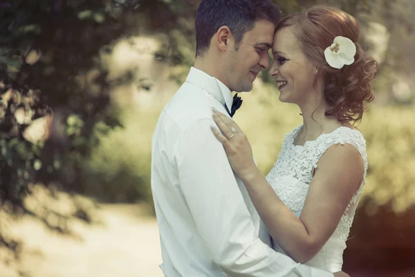 Beautiful bride and groom kissing outdoors — Stock Photo, Image