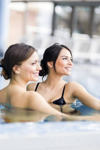 Hermosas mujeres jóvenes en una piscina — Foto de Stock