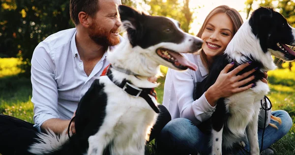 Pareja romántica paseando perro —  Fotos de Stock