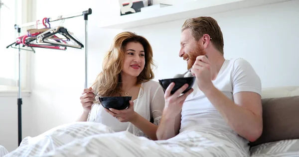 Happy Married Couple Love Being Romantic Bed Sharing Cereal — Stock Photo, Image