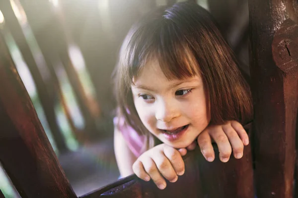 Portrait Beautiful Little Girl Syndrome Nature — Stock Photo, Image