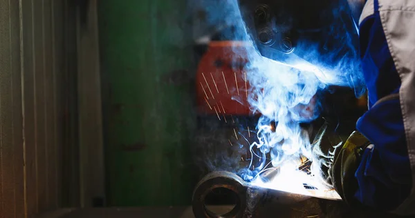 Worker Welds Factory Working Metal Industry Stock Image