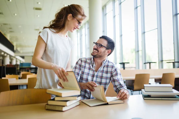 Happy Students Couple School Library Have Discussion Book Stock Photo