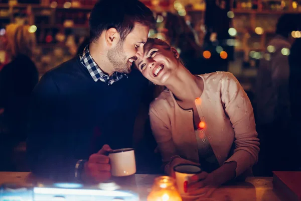 Romantic Young Couple Dating Pub Night — Stock Photo, Image