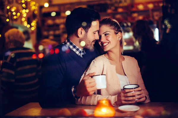 Romantic Young Couple Dating Pub Night — Stock Photo, Image