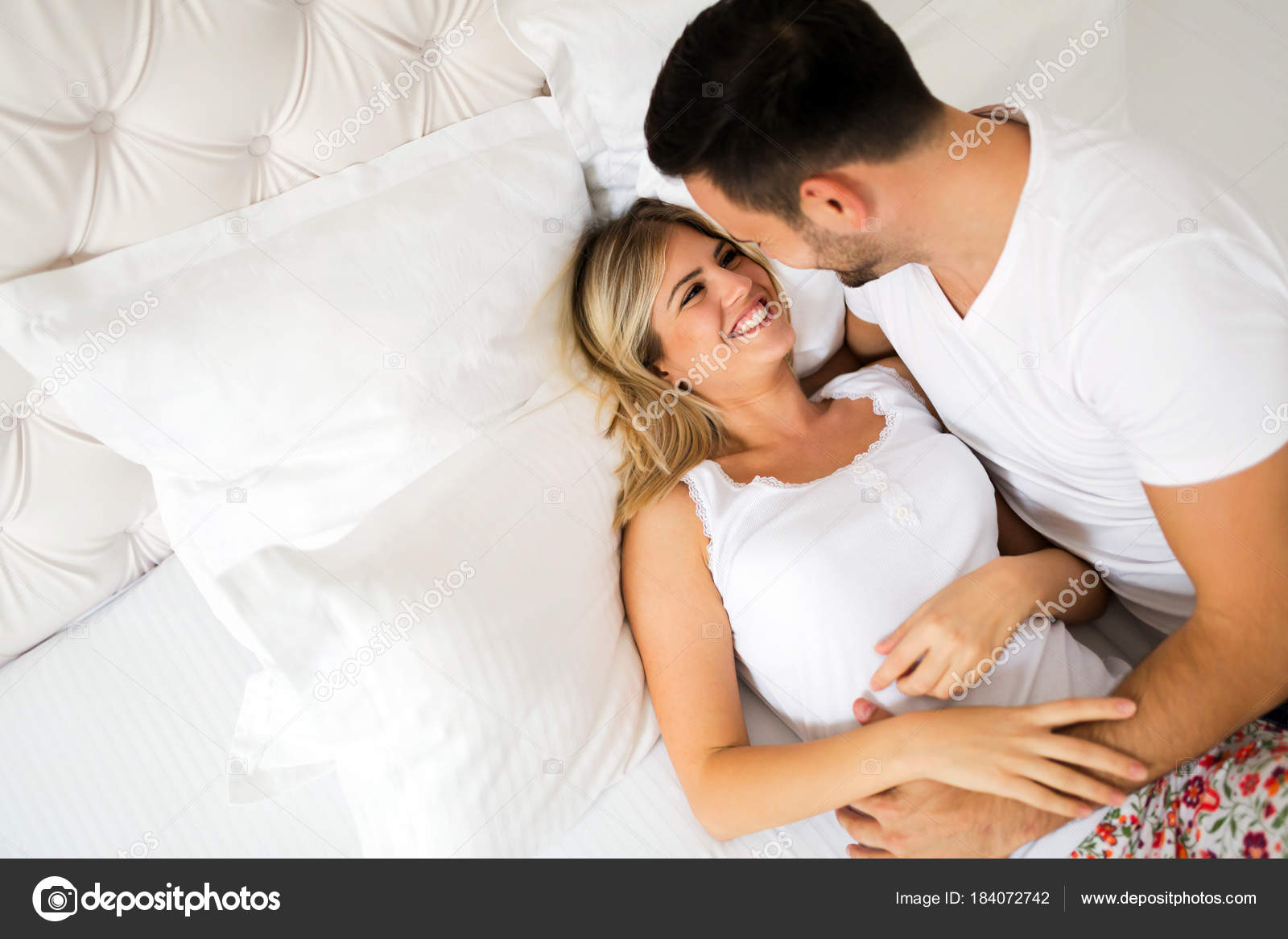 Young Happy Couple Having Having Romantic Times Bedroom ...