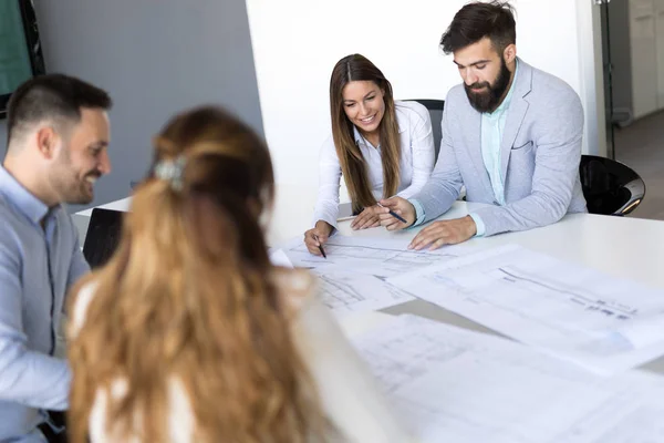 Team Architects Working Construction Plans Together — Stock Photo, Image