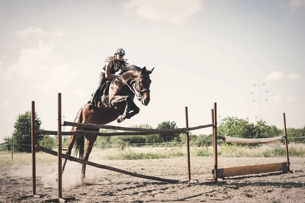 Jovem Jóquei Feminino Seu Cavalo Pulando Sobre Obstáculo — Fotografia de Stock