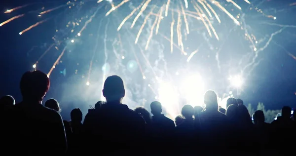 Publiek Kijken Naar Vuurwerk Feesten Nachts — Stockfoto