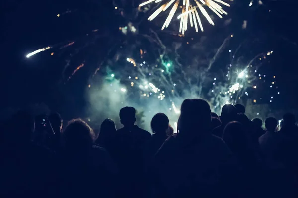 Tömeg Tűzijátékot Néz Ünnepel Éjszaka — Stock Fotó