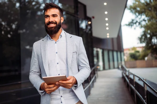 Portrait Smiling Young Businessman Front Company — Stock Photo, Image