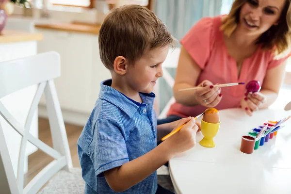 Young Mother Her Cute Son Having Fun While Painting Eggs — Stock Photo, Image