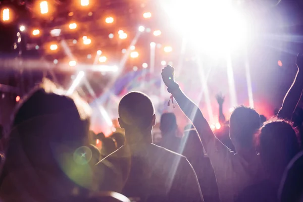 Torcendo Multidão Com Mãos Desfrutando Festival Música — Fotografia de Stock