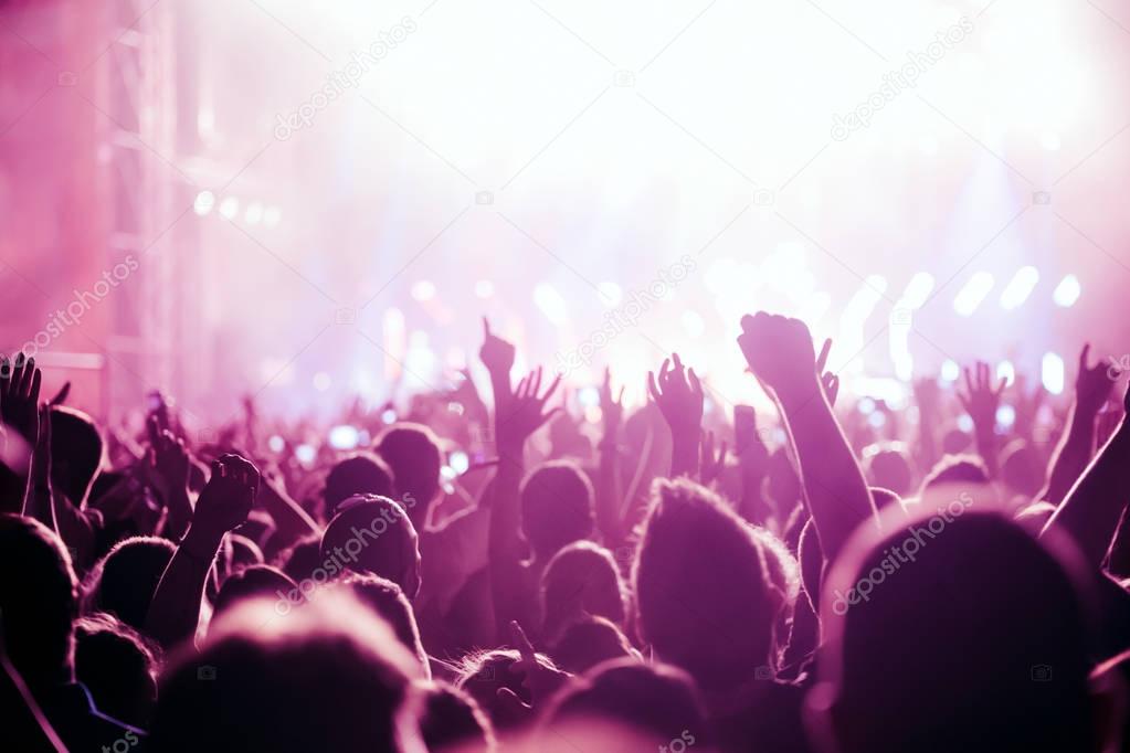 Cheering crowd with hands in air enjoying at music festival