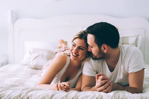 Portrait Young Attractive Loving Couple Bedroom — Stock Photo, Image