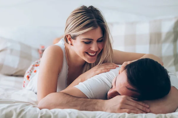 Portrait Young Attractive Loving Couple Bedroom — Stock Photo, Image