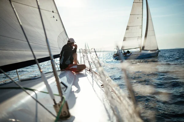 Young Handsome Man Relaxing His Sport Sailboat — Stock Photo, Image