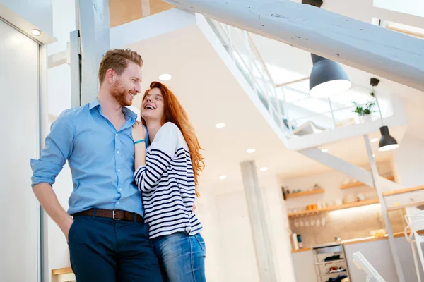 Lifestyle Photo Couple Living Room Hugging Posing — Stock Photo, Image