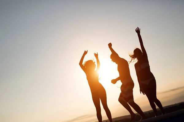 Amici Che Festeggiano Godono Vacanze Durante Tramonto Estivo — Foto Stock