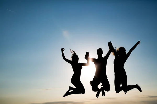 Amici Che Festeggiano Godono Vacanze Durante Tramonto Estivo — Foto Stock