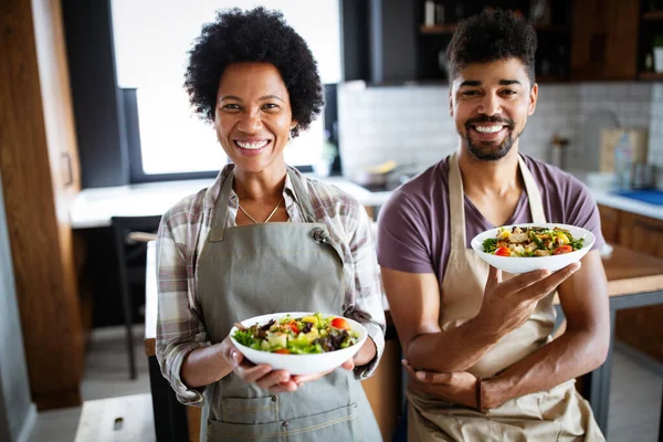 Portrait Smiling Chefs Kitchen Healthy Food Cooking People Kitchen Concept — Stock Photo, Image