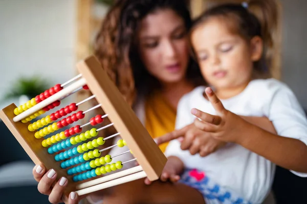 Mother Little Girl Kid Playing Abacus Early Education — Stock Photo, Image