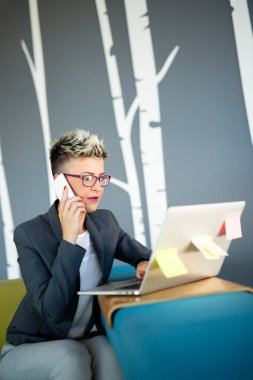 Ofiste dizüstü bilgisayarla çalışan başarılı iş kadınının portresi