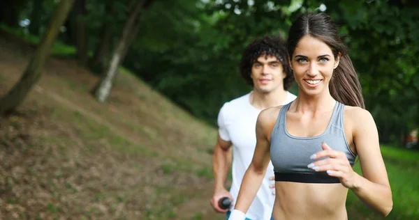 Couple Friends Jogging Running Outdoors Nature — Stock Photo, Image