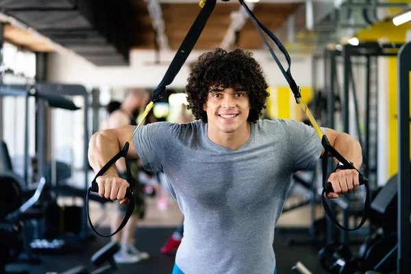 Young Handsome Strong Man Doing Exercises Gym — Stock Photo, Image
