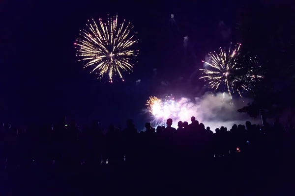 Multidão Assistindo Fogos Artifício Celebrando Véspera Ano Novo — Fotografia de Stock