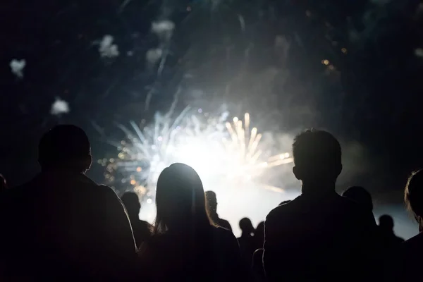 Publiek Kijken Naar Vuurwerk Het Vieren Van Oudejaarsavond — Stockfoto