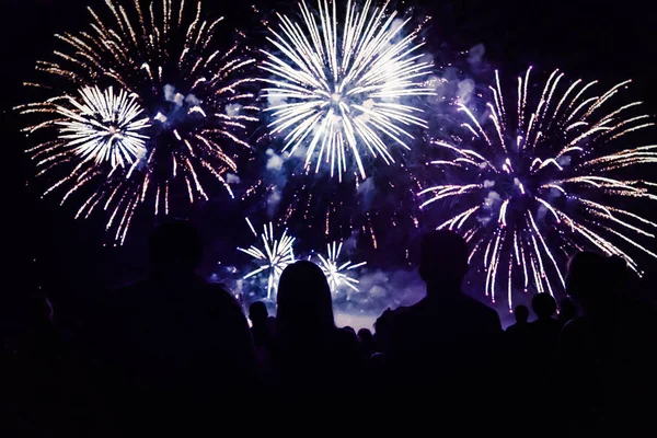 Multidão Assistindo Fogos Artifício Celebrando Noite — Fotografia de Stock