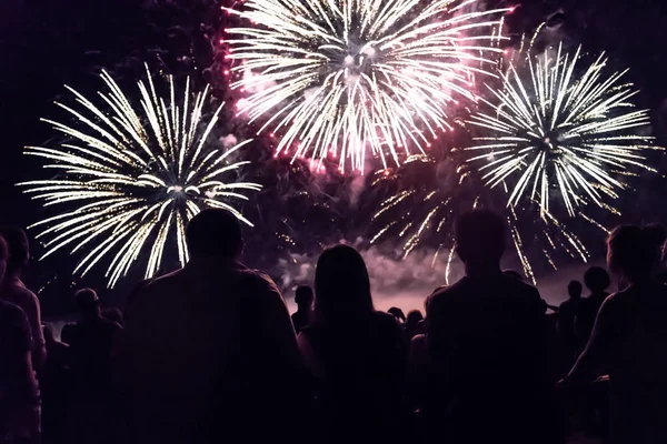 Menschenmenge Sieht Feuerwerk Und Feiert Neujahr — Stockfoto