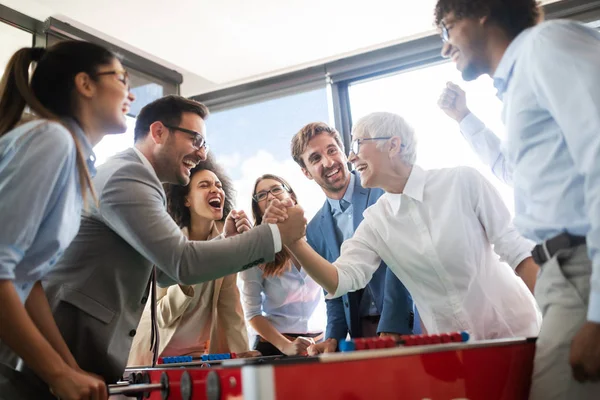 Business People Having Great Time Together Colleagues Playing Table Football — Stock Photo, Image