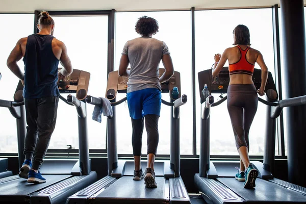 Jovens Aptos Correr Uma Esteira Health Club — Fotografia de Stock