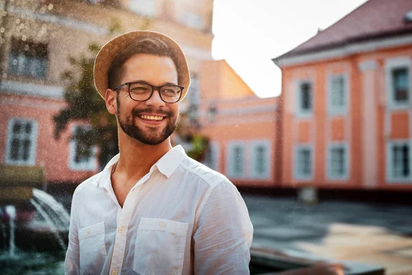 Portrait Handsome Young Happy Man Smiling Outdoors — 스톡 사진