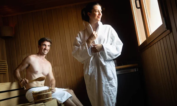 Couple Resting Relaxing Sweating Sauna — Stock Photo, Image
